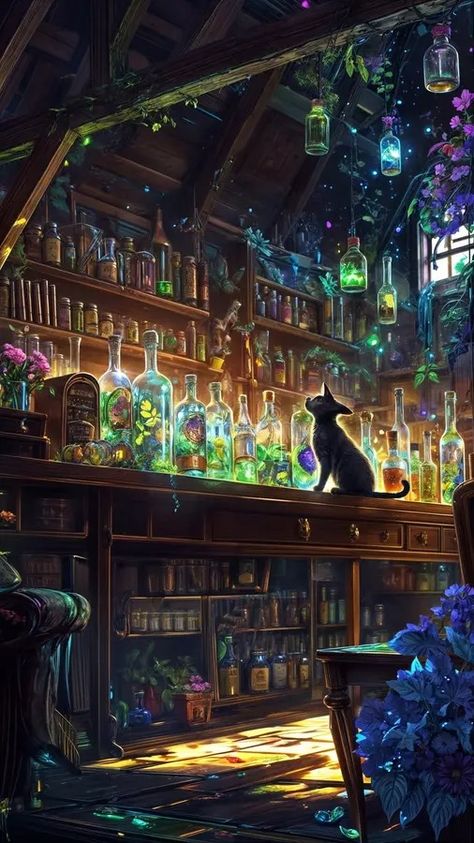 An enchanted apothecary filled with glowing potions, a black cat, and magical objects. Perfect Halloween vibe and mystery stock illustration Potion Shop Aesthetic, Mystery Illustration, Potion Shop, Potion Witch, Magical Objects, Abstract Animal Art, Healing Magic, Dark Witch, Cat Plants