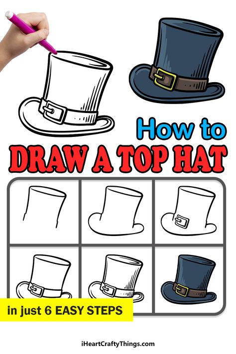 How To Draw A Top Hat Step By Step, Top Hat Drawing, English Drawing, Easy Halloween Drawings, Winter Drawings, Horror Drawing, Pencil Drawings For Beginners, Easy Art For Kids, Notebook Drawing