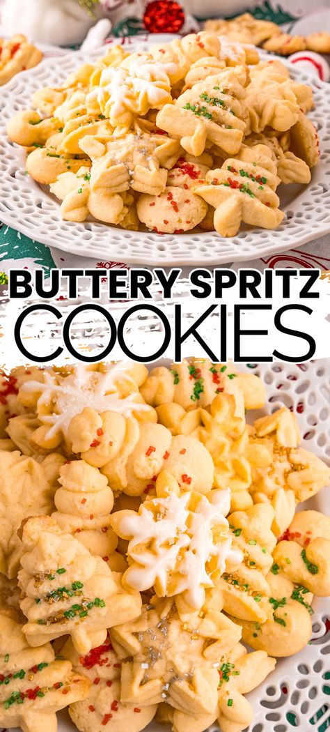 Is it even the holiday season if you don't have buttery Spritz Cookies? These simple, traditional cookies taste as festive as they look! #BreadBoozeBacon #spritzcookies #spritz #cookies #cookiepress #christmascookies #cookieexchange #cookieswap #dessert #christmas Anise Spritz Cookies, Fancy Christmas Cookies, Buttery Spritz Cookies, Butter Spritz Cookies, Cookie Press Recipes, Christmas Spritz Cookies, Traditional Cookies, Spritz Cookie Recipe, Bread Booze Bacon