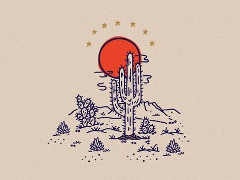 Desert Scene by Michael Adams on Dribbble Desert Aesthetic Art, Orville Peck Tattoo, Desert Scene Tattoo, Southwest Illustration, Country Drawings, Western Illustration, Cowboy Illustration, Desert Illustration, Desert Tattoo