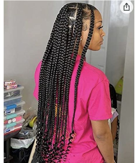 Jumbo Knotless Box Braids With Curls At The End, Medium Knot Less Box Braids, Large Knotless Braids Curly Ends, Large Knotless Box Braids With Curls At The End, Large Knotless With Curls At The End, Nutless Braids Styles, Box Braids Hairstyles Medium Large, Big Knotless Braids With Curls, Large Knotless Braids Hairstyles With Color