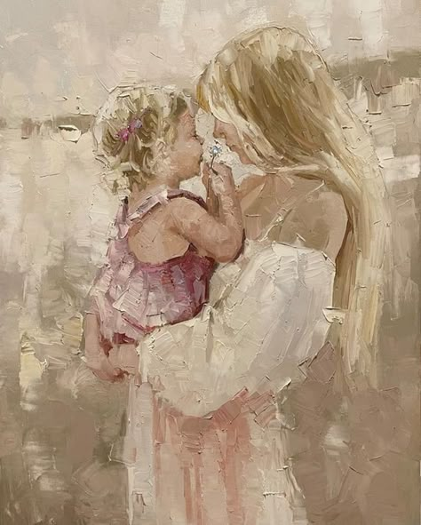 Painting With Different Mediums, Motherly Aesthetic, Mom And Daughter Painting, Inessa Morozova, Mother And Daughter Painting, Eating Aesthetic, Art Mom, Easy Painting Ideas, Mother Art