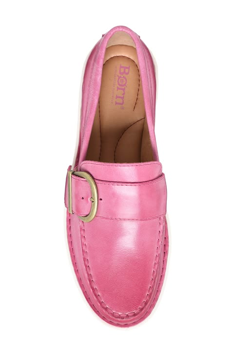 A brassy goldtone buckle anchors the wide strap of a polished, lightweight leather loafer completed by a grippy lugged sole. 1 1/2" heel; 1" platform Cushioned footbed Leather upper/textile lining/synthetic sole Imported Pink Loafers Outfit Work, Women's Loafers, Comfort Shoes, Pink Loafers Outfit, Pink Leather Shoes, Pink Loafers, Womens Wide Shoes, Loafers Outfit, Smart Casual Wear