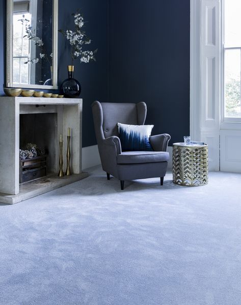 Grey carpets and blue walls Blue Carpet Bedroom, Neutrals Palette, Grey Carpet Bedroom, Dark Blue Bedrooms, Textured Carpet, Hallway Carpet Runners, Monochrome Palette, Carpet Trends, Buying Carpet