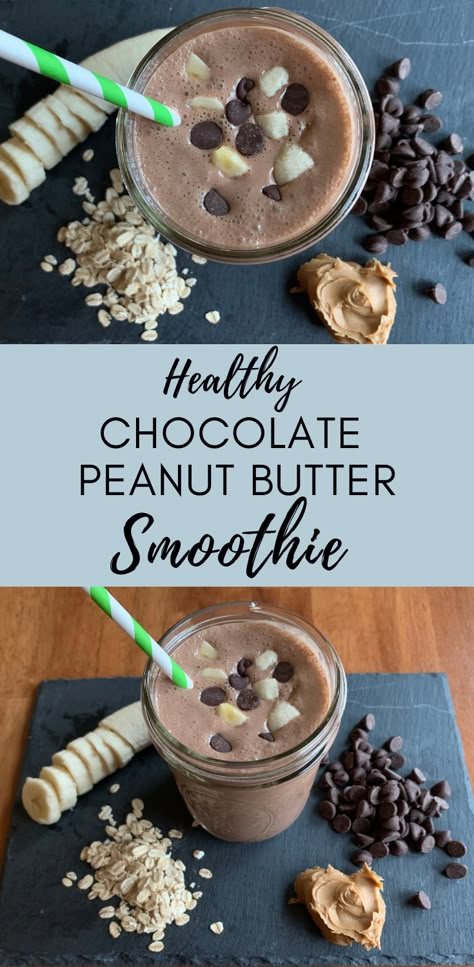 Healthy Chocolate Peanut Butter Smoothie - Barefoot In The Pines Healthy Chocolate Peanut Butter Smoothie, Healthy Chocolate Peanut Butter, Chocolate Banana Smoothie, Chocolate Peanut Butter Smoothie, Oat Smoothie, Peanut Butter Smoothie, Chocolate Oats, Healthy Food Facts, Chocolate Smoothie