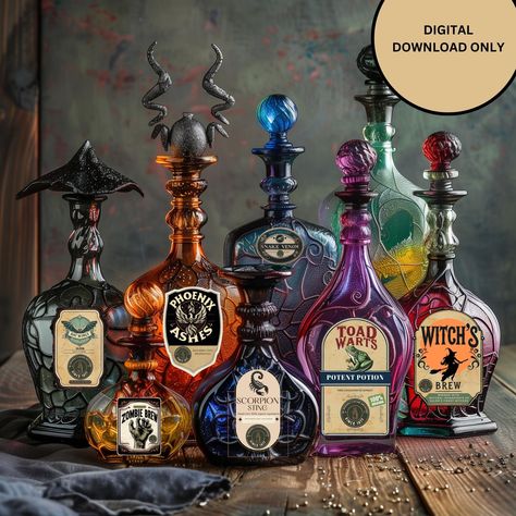 Halloween Labels For Bottles, Halloween Jar Labels, Wizard Study, Halloween Potion Bottle Labels, Phoenix Ashes, Creative Labels, Potion Bottle Labels, Apothecary Halloween, Apothecary Jar Ideas