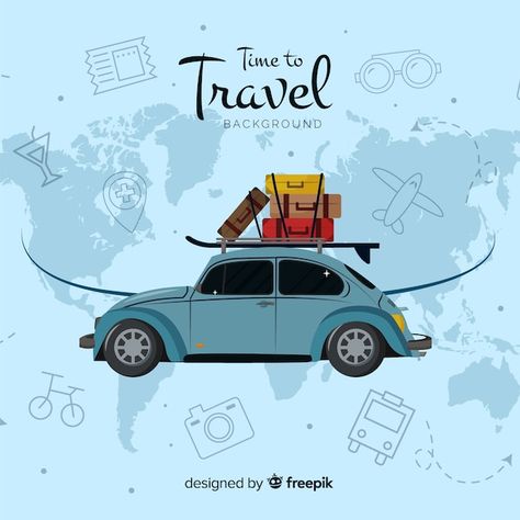 Flat travel background | Premium Vector #Freepik #vector #traveling-background #travel-map #traveling #tourism-background Background Car, Business Symbols, Travel Background, London Theme, Travel Clipart, Logos Retro, Transportation Poster, Time To Travel, Flat Design Illustration