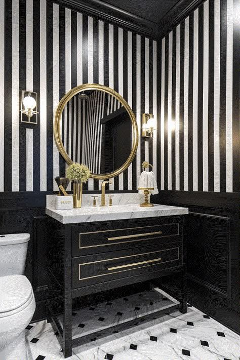 58  Bold and Beautiful Bathroom Wallpaper Ideas Black Wainscoting Powder Room, Monochrome Powder Room, Black And White Powder Room Ideas, Black Wallpaper Bathroom, Black And White Bathroom Wallpaper, Black Half Bathroom, Creative Wallpaper Ideas, Wallpaper Ideas Bathroom, Black And White Powder Room