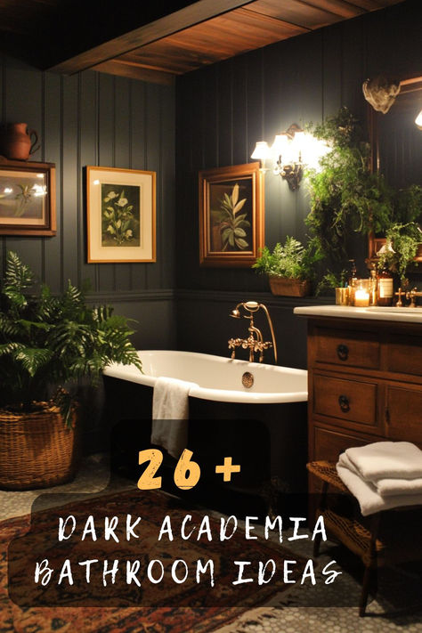 Dreaming of a dark academia bathroom? 🛁📚 Click to discover 26 ideas that transform your space into a cozy, scholarly retreat. #DarkAcademia #BathroomDesign #CozyRetreat #HomeStyle #ScholarlyDecor Dark Academia Bathrooms, Small Dark Academia Bathroom, Bathroom Academia, Dark Botanical Bathroom, Bathroom Dark Academia, Dark Academia Interior Design Bathroom, Dark Academia Bathroom Ideas, Dark Boho Bathroom, Dark Half Bathroom