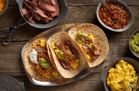 Steak and Eggs Breakfast Taco Steak And Eggs Breakfast, Texas Breakfast, Tacos At Home, Breakfast Tacos Recipe, Slow Cooker Brisket, Hamburger Dishes, Creamed Beef, Baked Steak, Beef Meals