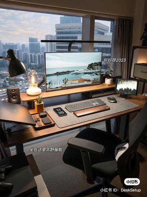 Modern Home Offices, Home Studio Setup, Desktop Setup, Decorating Home, Bedroom Setup, Ideas Living Room, Workspace Design, Studio Setup, Game Room Design