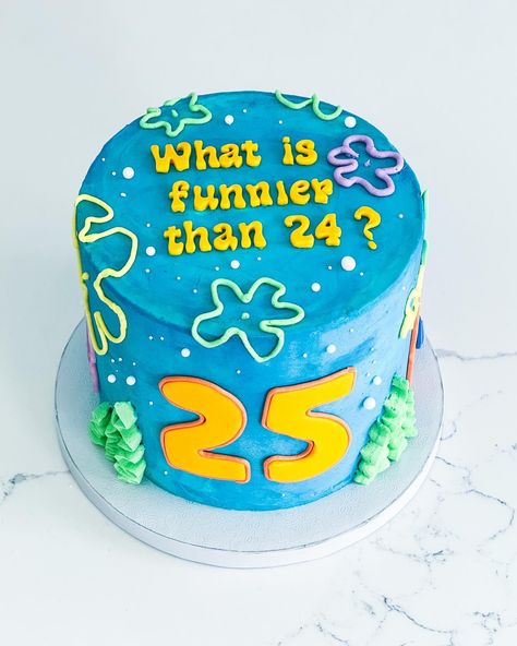 So happy I finally got asked to do this theme. Love that this random moment in SpongeBob has become a popular theme for a 25th birthday. Flavor: Almond cake with raspberry filling #whatsfunnierthan24 #spongebobfans #dallasbaker #dfwcakes #dallaseventplanner #spongebobbirthday #25thbirthday Quarter Century Birthday Cake, 25th Bday Cakes For Him, 25th Birthday Cake For Him Boyfriends, 25 Birthday Cake Funny, Spongebob 25 Birthday Cake, 25th Birthday Cake For Him, 25 Birthday Theme, 25th Birthday Themes, Almond Cake With Raspberry Filling