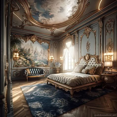 French Castle Interior, Mansion Bedroom, Royal Room, Dark Blue Bedrooms, Royal Bedroom, Castle Bedroom, Deco Marine, Fantasy Bedroom, Antique Bedroom