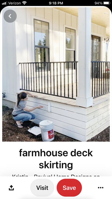 Farmhouse Porch Skirting Ideas, Farmhouse Underpinning Ideas, Front Porch Underpinning Deck Skirting, Painted Front Porch Railing, Farmhouse Skirting Ideas Exterior, White House Deck Ideas, Front Deck Remodel, Front Porch Uncovered, Front Side Porch Ideas