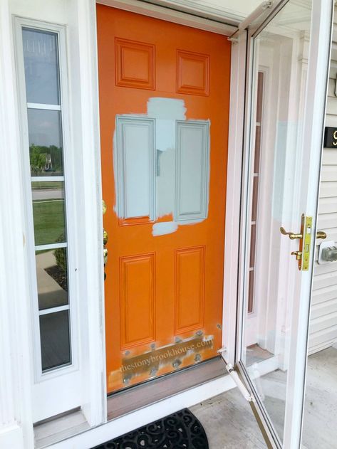 Testing paint colors on the front door Brown Door Exterior With Storm Door, How To Paint Front Door With Sidelights, Staining A Fiberglass Front Door, Paint Storm Door To Match Front Door, Change Front Door Color Temporary, How To Paint Front Door, Painted Storm Door, Painted Upvc Door, Exterior Entrance Doors