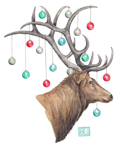 Watercolor Christmas elk / watercolor and colored pencil  / Christmas card / Etsy www.kberriganart.com Reindeer Christmas Illustration, Color Pencil Christmas Cards, Colored Pencil Christmas Cards, Christmas Drawings Pencil Sketches, Christmas Colored Pencil Drawings, Elk Watercolor, Christmas Drawing Ideas Pencil, Christmas Sketch Ideas, Wizard Fanart