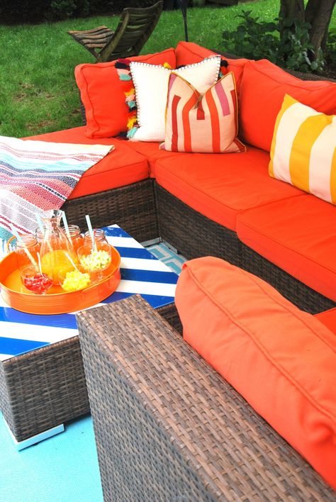 chic orange outdoor sectional perfect for outdoor living Orange Patio Furniture, Lemonade Station, Fun Lemonade, Backyard Decor Ideas, Casita Ideas, Decorate Ideas, Amazing Backyard, Terrace Decor, Modern Backyard Landscaping