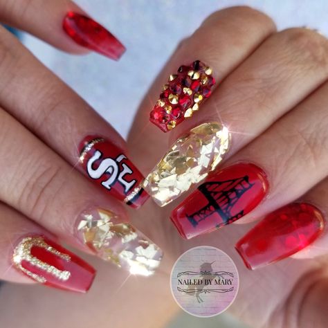 San Francisco’s 49ers nails Golden Gate Bridge red and gold jelly glitter football team the bay Swarovski crystals frisco Super Bowl Nails 49ers, 49ers Nails San Francisco, Superbowl Nails 49ers, Sf Niners Nails, 49ers Nails Designs San Francisco, 49ers Acrylic Nails, 49 Ers Nails, San Francisco 49ers Nails, San Francisco Nails