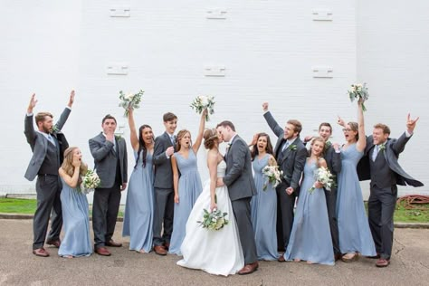 Blue And Gray Wedding, Gray Wedding Party, Classic Southern Wedding, Prayers Answered, Groom's Attire, Dusty Blue Dress, Groomsmen Grey, Wedding Playlist, Gray Wedding