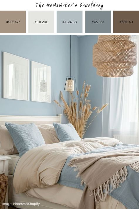 Light Blue Earthy Bedroom, Light Blue Guest Bedroom Ideas, Sand Colour Bedroom, Light Blue And Brown Bedroom, Light Blue Walls Bedroom, Light Blue Comforter, Baby Blue Bedrooms, Blue Bedroom Colors, Calming Bedroom Colors