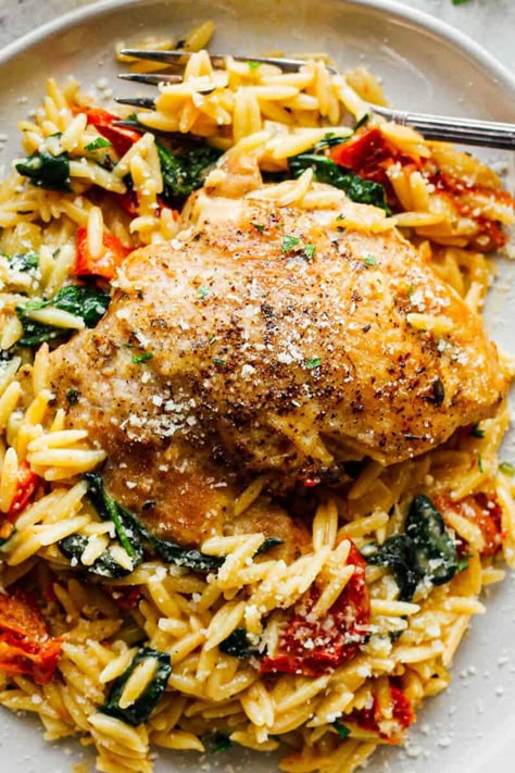 Gabrielle Lyon Recipes, Chicken Thighs And Orzo Recipes, Tuscan Chicken And Orzo, Boneless Skinless Chicken Thigh Recipes Orzo, Orzo Recipes With Chicken, Chicken Thigh Pasta, Chicken Thighs With Orzo, Chicken Thighs And Orzo, One Skillet Crispy Chicken Thighs & Creamy Lemon Garlic Orzo