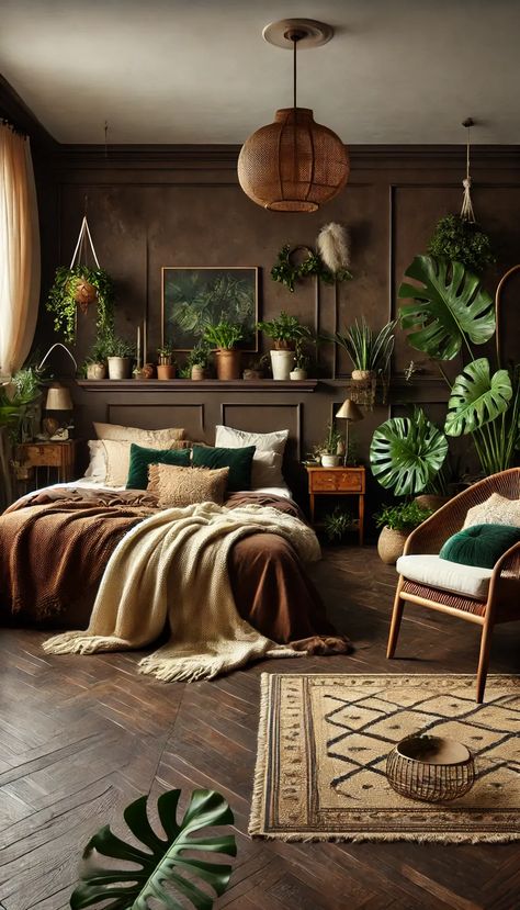 Transform your bedroom into an earthy boho escape with espresso brown furniture, soft cream blankets, and lush emerald green plants. A warm, layered retreat perfect for cozy vibes. Bali Inspired Apartment, Earthy Eclectic Bedroom, Earthy Room Ideas, Earthy Cozy Bedroom, Tropical Modern Bedroom, Bohemian Plant Decor, Boho Dressing Room, Dark Earthy Bedroom, Earthy Wall Decor