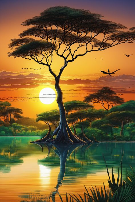 A sunset over a body of water, very beautiful forest of acacia trees at the waters edge, exotic trees, night, by Melak Mk Tree By Water, Inanimate Nature, Beginners Acrylic Painting, Painting On Canvas For Beginners, Black Canvas Paintings, Easy Flower Painting, Christmas Paintings On Canvas, Large Canvas Painting, Canvas For Beginners