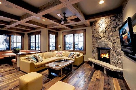 Stone corner fireplace #fireplace #fireplaceideas #corner #decorhomeideas Mountain Living Room, Coffered Ceiling Design, Rustic Family Room, Rough Hewn Wood, Contemporary Family Room, Living Space Decor, Rustic Window, Floor Molding, Rustic Flooring