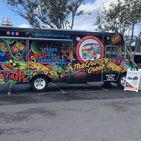 Our graphic designer can get heads turning in your direction! Check out the Groovy Greek Food Truck in San Diego! Food Truck Painting, Food Truck Painting Ideas, Food Truck Design Graphics, Tropical Food Truck Design, Greek Food Truck, Foodtruck Design, Food Truck Graffiti, Taco Truck Branding, Cereal Cafe