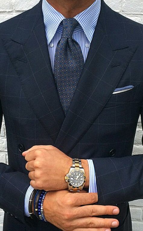 Men's Suit☆Rolex Gentleman Mode, Navy Bracelet, Style Gentleman, A Man In A Suit, Man In A Suit, Dress Shirt And Tie, Sharp Dressed Man, Men’s Suits, Suit Style