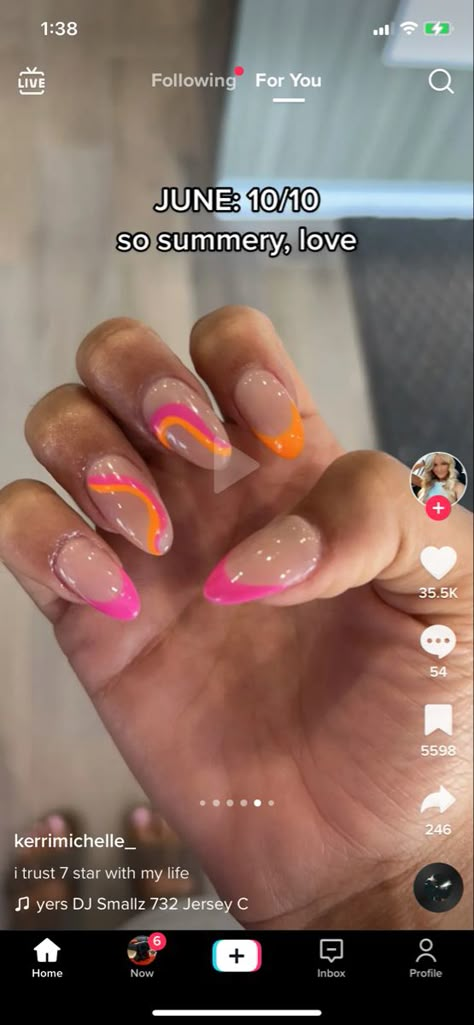 Trendy Summer Nails Almond, Summery Nails Acrylic, Cute End Of The School Year Nails, June Almond Nails Ideas, Sns With Design, Summ Nails Ideas, Cute Graduation Nail Ideas, Summer Nail Inspo 2024 Almond Design, Beachy Nail Inspo Almond