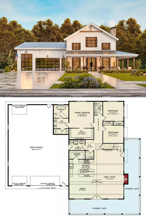 3-Bedroom Alderwood Barndominium with Loft and Wraparound Patio (Floor Plan) Loft Open Floor Plan, 1story Barndominium, L Shape Barndominium Floor Plans, Open Plan 3 Bedroom House Plans, House With A Shop, Small Farmhouse Plans With Basement, 40x60 4 Bedroom Floor Plans, Barndominium House Plans Open Floor, One Story With Loft House Plans