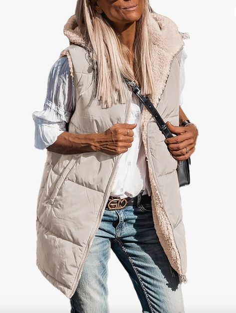 PRETTYGARDEN Womens 2023 Fall Reversible Vests Sleeveless Fleece Jacket Zip Up Hoodie Pockets Long Warm Winter Coat Outerwear #commissionsearned Sleeveless Outfit, Gilet Long, Mini Robes, Reversible Vest, Hooded Vest, Simplicity Patterns, Sleeve Dresses, Collar Top, Look Casual