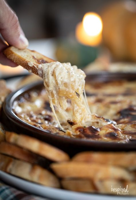 Baked Caramelized Onion Dip Roasted Onion Dip, Baked Dip Recipes, Hot Onion Dip, Onion Appetizers, Party Appetizer Dips, Fall Recipes Appetizers, Toast Toppers, Yummy Appetizers Parties, Baked Dips