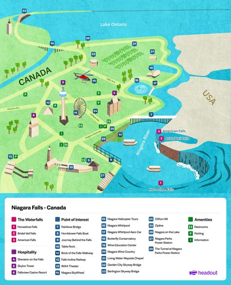 Niagara Falls Usa Side, Niagara Falls Map, Canada Niagara Falls, Clifton Hill, Bridal Veil Falls, Niagara Falls Canada, Helicopter Tour, Lake Ontario, Instagram Handle