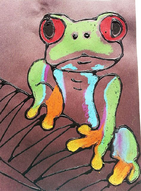 Tree Frog Oil Pastel - Frog Art Project, Tree Frog Art, Glue Art, Animal Art Projects, Spring Things, 4th Grade Art, Art Projects For Kids, 3rd Grade Art, Classroom Art Projects