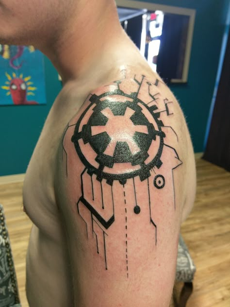 Imperial circuit done by Danny at Kreative Kingdom Tattoo North Houston tx Empire Tattoo Star Wars, Circuitry Tattoo, Pauldron Tattoo, Facehugger Tattoo, King Kong Tattoo, Imperial Tattoo, Kingdom Tattoo, Dishonored Tattoo, John Tattoo