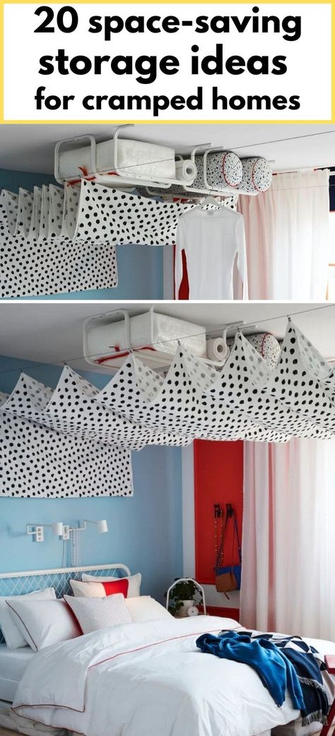 Storage on the ceiling Above Closet Storage Ideas, Ceiling Storage Ideas Bedroom, Indent Ceiling Storage Bedroom, Skirt Storage, Overhead Storage Bedroom, Bedroom Ceiling Storage, Ceiling Net Storage, Things To Hang Above Bed Storage, Hanging Curtains To Hide Storage