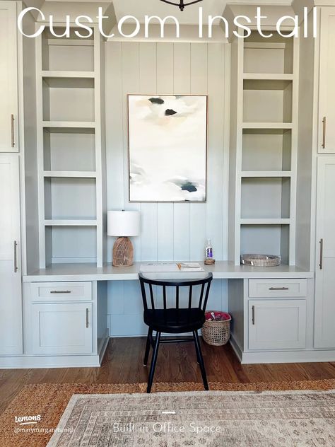 These built ins are a dream! I use this as my office space & it has highly changed my functionality! Paint color : SW Sensible Hue Office In Mudroom, Sw Sensible Hue, Built In Desk And Shelves Office, Sensible Hue, Hannah House, Office With Daybed, Nook Office, Built In Desk And Shelves, Desk Wall Unit