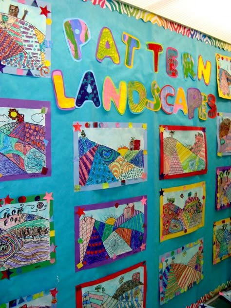 Pattern Landscapes- 3rd Grade 3rd Grade Art Lesson, Third Grade Art, 2nd Grade Art, 4th Grade Art, 3rd Grade Art, Classroom Art Projects, Art Teaching, Classroom Art, Art Curriculum