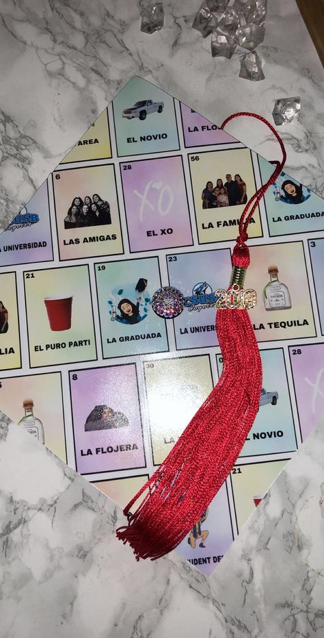 Loteria Graduation Cap, Gown Outfit Ideas, Mexican Graduation Cap, College Caps, Senior Cap Ideas, Loteria Party, Msw Graduation, Cal Poly Slo, Mexican Graduation