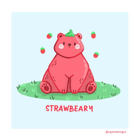 This cutie is inspired by strawberry and bear Strawberry Bear Drawing, Strawberry Illustration Cute, Berry Drawing, Strawberry Nursery, Cow Illustration, Painting References, Art Zine, Strawberry Bear, Birthday Art