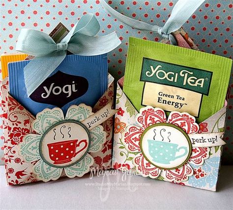 Tea-riffic TEA BAG GIFT HOLDERS by Studio M - Cards and Paper Crafts at Splitcoaststampers Tea Crafts, Tea Riffic, Tea Holder, Gift Holders, Tea Bag Holder, Diy Holder, Craft Show Ideas, Tea Gifts, Tea Bags