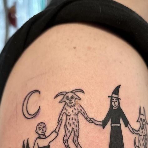 Mattys on Instagram: "Some more tattoos done in Stockholm / Copenhagen. Thanks all 💜🙏" Circle Of Friends Tattoo, Dance Circle Tattoo, Dancing In A Circle Tattoo, Witch Circle Tattoo, Witch Trials Tattoo, Dancing Witches Tattoo, What We Do In The Shadows Tattoo, Absurd Tattoo, Absurdism Tattoo