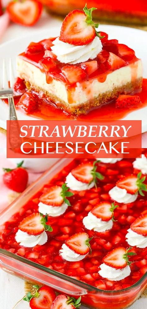 Strawberry Cheesecake Recipe Easy, Dessert For A Crowd, Cheese Desserts, Easy Strawberry Cheesecake, Strawberry Cheesecake Bars, Strawberry Cheesecake Recipe, Homemade Strawberry Sauce, Sugar Recipes, Homemade Cheesecake