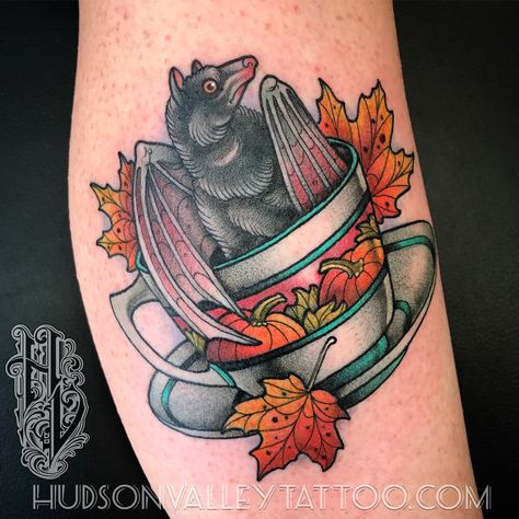 Halloween Batty Cup Of Tea Tattoo, Tea Tattoo, Tattoos Traditional, Pumpkin Tattoo, Autumn Tattoo, Tattoo Portfolio, Classic Tattoo, Traditional Tattoo Flash, Drawing Ink