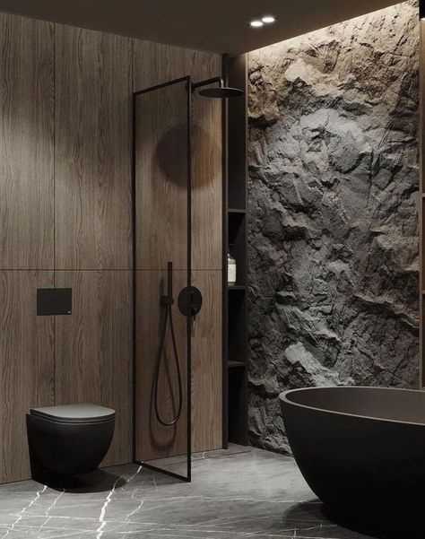 #homedecorideas #interior #interiordesign #bathroomdesign #interiordecor #shabbychic تصميم دورة مياه, Elegant Bathroom Design, Bathroom Interior Design Modern, Bathroom Design Black, Stone Wall Design, Bathroom Design Layout, Best Bathroom Designs, Bathroom Inspiration Modern, Stone Bathroom