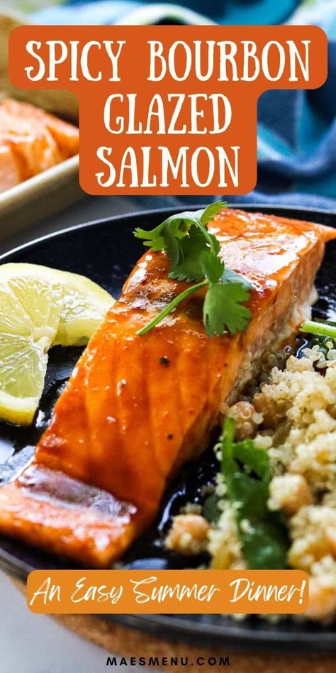 Flaky, moist, and flavorful, Spicy Bourbon Glazed Salmon is easy to make and totally delicious! Try it for a quick dinner idea this week! #salmon #easymeals #dinnerideas Bobby Flay Salmon Recipes, Maple Bourbon Glazed Salmon, Bourbon Salmon Recipes, Quick Summer Dinner Ideas, Spicy Salmon Recipes, Bourbon Salmon, Bourbon Glazed Salmon, Summer Dinner Ideas, Quick Salmon