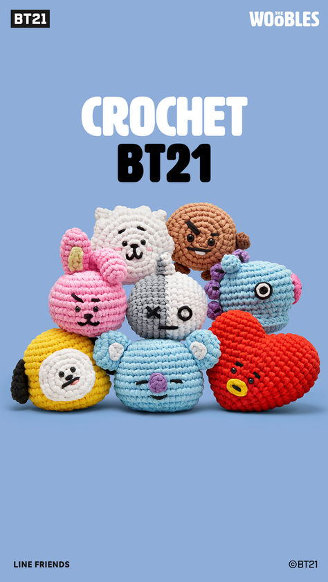 Crochet BT21 characters with The Woobles crochet kits. Bt21 Tejidos A Crochet, Bts Crochet Ideas, Crochet Packaging Ideas, Bts Crochet Pattern, Kpop Crochet Pattern, Bt21 Crochet, Crochet Bts, Bts Crochet, Kpop Crochet