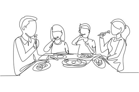 Eat Art Drawing, Family Eating Together Drawing, People Eating Drawing, Happy Family Drawing Sketch, Eating Drawing Easy, Family Dinner Drawing, People Eating Illustration, Family Sketch Illustration, Kitchen Table Drawing